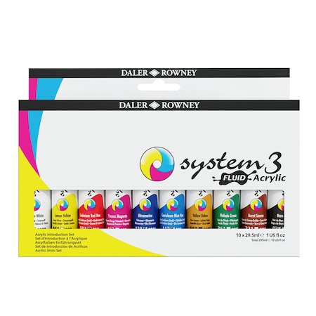 Daler-Rowney System3 Fluid Acrylic Paint Set, Assorted Colors, 29.5ml, 10-Piece Set D139029101