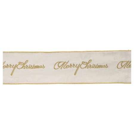 Homeroots 4" White And Gold Embroidered Merry Christmas Wired Ribbon 633456