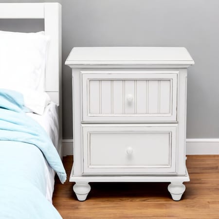 Homeroots 28" White Solid Wood Distressed Two Drawer Nightstand With USB Port 571341
