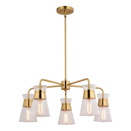 Vaxcel Harper 5-Light 27 in W Brass Gold Mid-Century Modern Chandelier, Clear Glass Ceiling Fixture H0294R