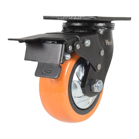 Vestil Polyurethane Swivel With Total Brake Caster 5 In. Diameter x 2 In. Width 639 lb Orange/Silver CST-E6-5X2PUP-SWTB