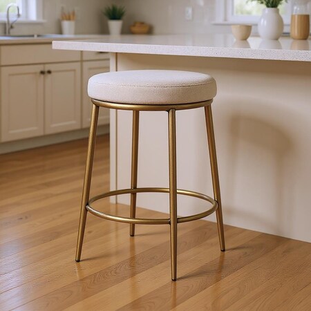 Homeroots 26" Ivory and Antiqued Brass Fabric and Metal Backless Counter Height Bar Chair 632502