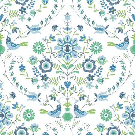 A-Street Prints Britt Sapphire Embroidered Damask Wallpaper 4066-26511