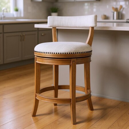 Homeroots 26" Sand and Natural Fabric and Solid Wood Low Back Counter Height Swivel Bar Chair 632373