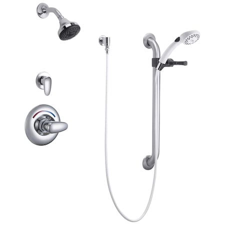 Delta Commercial T13H Universal Dual Shower Trim Diverter Hand Shower And Grab Bar In Chrome T13H332