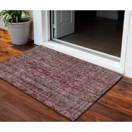 Homeroots 3' X 5' Pink And Brick Red Damask Washable Indoor Outdoor Area Rug 605097