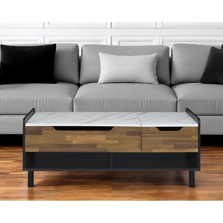 Homeroots 47" White Black and Brown Faux Marble And Wood Lift Top Coffee Table With Drawer And Two Shelves 572284