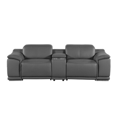 Homeroots 107in Dark Gray and Silver Italian Leather Power Reclining Loveseat With Storage 720573