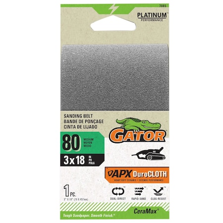 Gator Finishing CeraMax Platinum 3 x 18 in. Sanding Belt, 80 Grit, Medium 7085