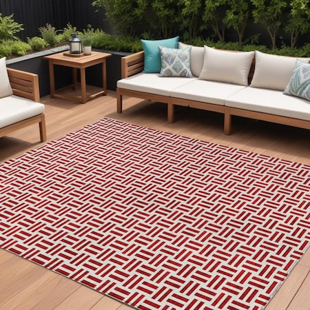 Homeroots 10' X 14' Red And Ivory Geometric Washable Indoor Outdoor Area Rug 614778