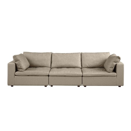 Homeroots 122" Beige Top Grain Leather Reclining Solid Wood Sofa 720405
