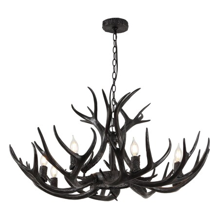 Jonathan Y Eldora 36" 8-Light Rustic Farmhouse Adjustable Resin Antler LED Chandelier, Black JYL6319C