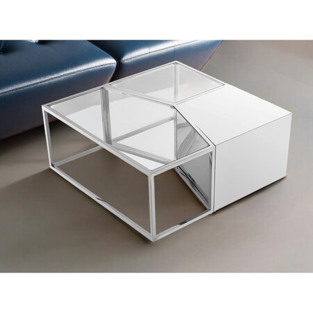 Homeroots Set of Three 37" Clear And Silver Glass  Stainless Steel Square Mirrored Bunching Coffee Tables 528846