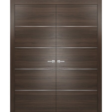 Sartodoors French Double Interior Doors with Hardware, Planum 0020 Chocolate Ash, Panel Frame Trims, Bathroom PLANUM0020DD-CA-3696