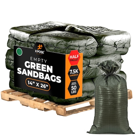 Xpose Safety Woven Polypropylene Sand Bags for Gravel - 14in x 26in 50 lb Limit, Green, Half Pallet of 7,500 SBG-1426-HP7500-X
