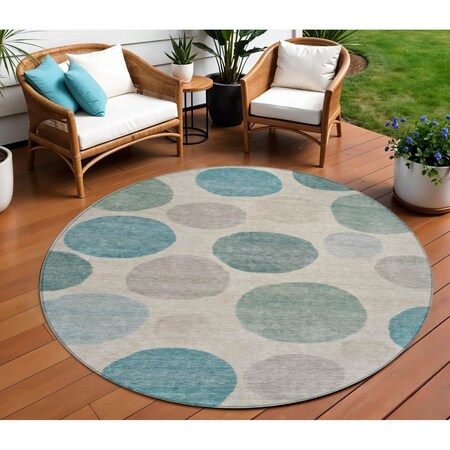 Homeroots 8' Teal Blue Ivory And Pale Aqua Round Geometric Washable Indoor Outdoor Area Rug 630593
