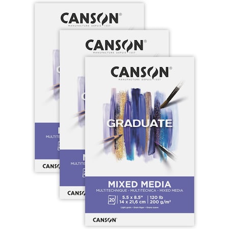 Canson Graduate Mixed Media Pad, Foldover Binding, 20 Sheet, 5.5x8.5 inch, 3PK C525008007