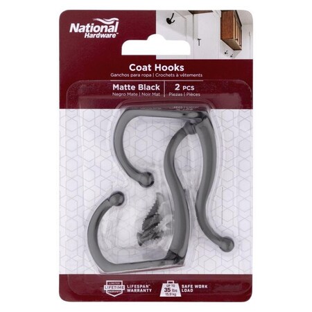 National Hardware Medium Matte Black Steel 6.69 in. L Coat/Hat Hook 35 lb, 2PK N830-598