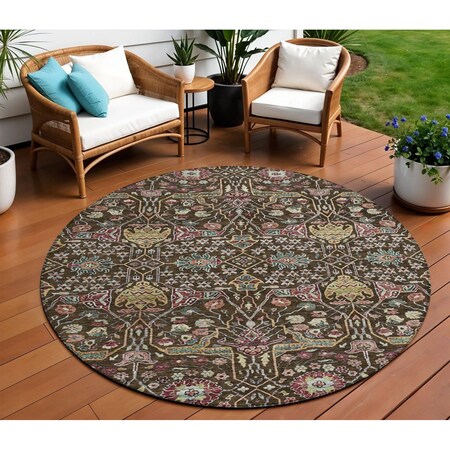 Homeroots 8' Chocolate Red And Gold Round Floral Washable Indoor Outdoor Area Rug 604643