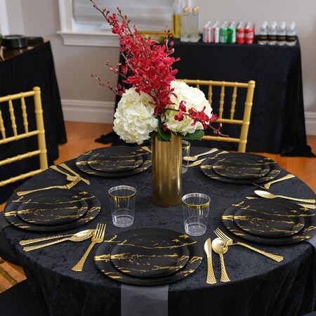Smarty Had A Party 10.25" Black with Gold Marble Stroke Round Disposable Plastic Dinner Plates (120 Plates), 120PK 900BG-CASE