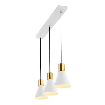 Jonathan Y Apollo 33.5" 3-Light Mid-Century Modern Iron Adjustable Linear LED Pendant, White/Brass Gold JYL6134B
