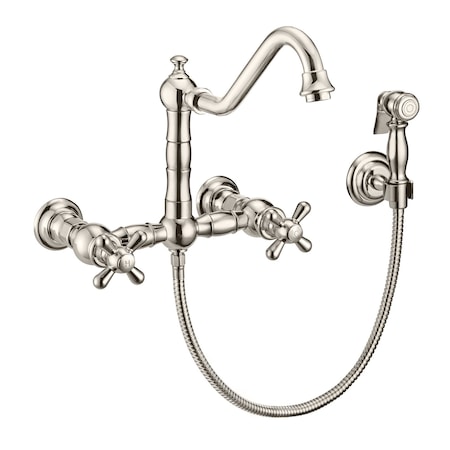 Whitehaus Collection Vintage III Plus Wall Mount Faucet with a Long Traditional Swivel Spout, and Solid Brass Side Spray WHKWCR3-9402-NT-PN