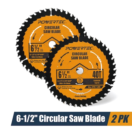 Powertec 6-1/2in Circular Saw Blade, 5/8in Arbor, 1/16in Kerf, 40-Tooth Carbide-Tipped Blade, 2PK 14023-P2