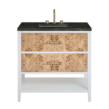 James Martin Vanities Olena 36" Single Vanity, Light Mappa Burl and Polished White, w/ 3 CM Phantome Eclos Top D804-V36-LMB-3PHT