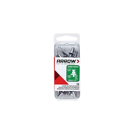 Arrow Pop Rivet, Short, 1/8 in L, Aluminum Silver, 18PK RSA3/16