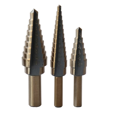 3 Piece HSS Black & Gold Step Drill Bit Set (Sizes No 1 to No 3)