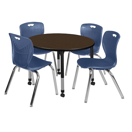 Regency Round Kee Mobile Adjustable Classroom Table W/ 4 Andy Chairs, 36 in W, 36 in L, Neo Walnut TB36RNDNWAPCBK40NV