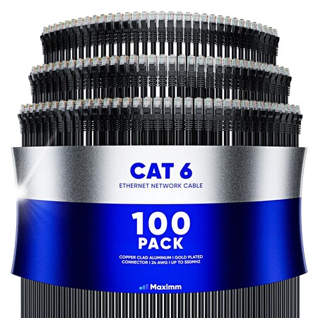 Maximm Cat6 Ethernet Cable 12ft 10Gbps 550MHz UTP, 100PK, Black, 100PK CAT6CCA-12BK-100PK