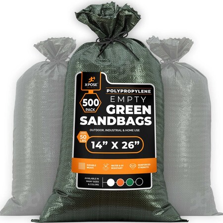 Xpose Safety Woven Poly Sand Bags for Flooding, 14 x 26, 50 lb WL, Empty, Green, Pack of 500, 500PK SBG-1426-500-X-S