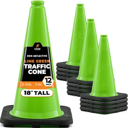 Xpose Safety Traffic Safety Cone, 18 in, Premium PVC, No Collar, Lime Green, 12 pk LTC18-12-X-S