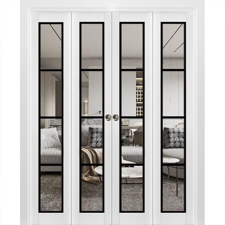 Sartodoors Sliding Closet Double Bi-fold Doors, Lucia 2466 White Silk with Clear Glass and Aluminum Strips, S LUCIA2466DBF-WS-72 x 80 (4* 18x80)