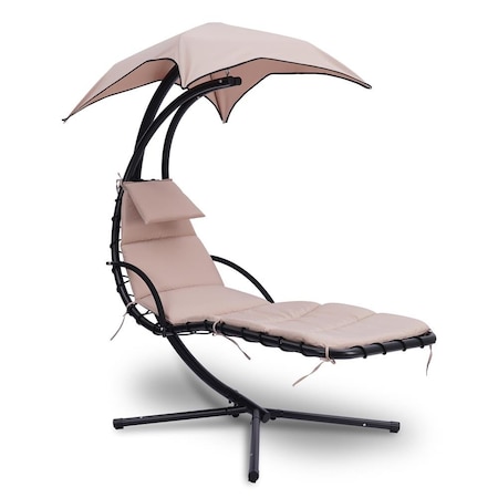 Serenelife Outdoor Hanging Curved Steel Chaise Lounge Swing Chair w/a Built-in Pillow and Removable Canopy UV SLHNGCH44