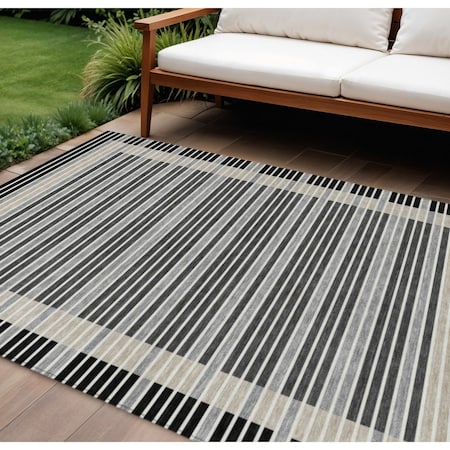 Homeroots 9' X 12' Black And Beige Striped Washable Indoor Outdoor Area Rug 610460