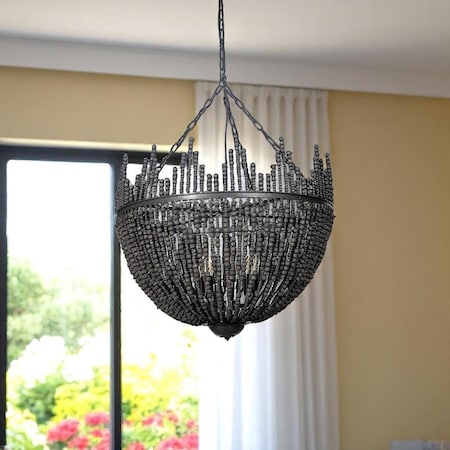 Homeroots Black Unique Statement Four Light Metal and Beads Dimmable Chandelier 611345