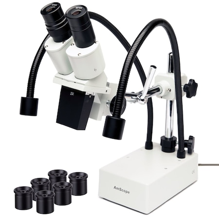 Amscope SE420 Compact Fixed-Lens Binocular Stereo Microscope 10X-40X on Boom-Arm Stand w/Dual Gooseneck LED SE420XYZ-2L