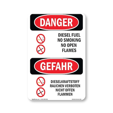 OSHA Danger Sign, Diesel Fuel No Smoking Bilingual, 5in X 3.5in Decal, OS-DS-D-35-VG-1124