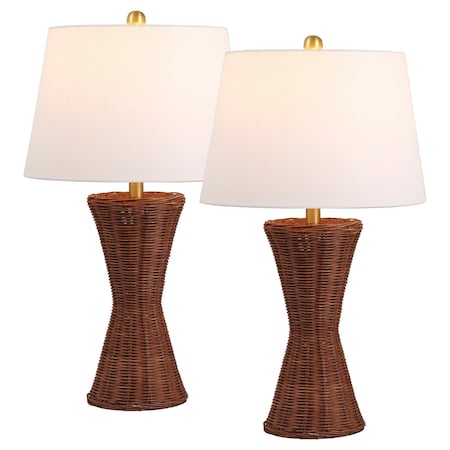 Jonathan Y Laura 27" Coastal Designer Woven Rattan/Metal Wicker Hourglass LED Table Lamp, Dark Brown, 2PK JYL4048B-SET2