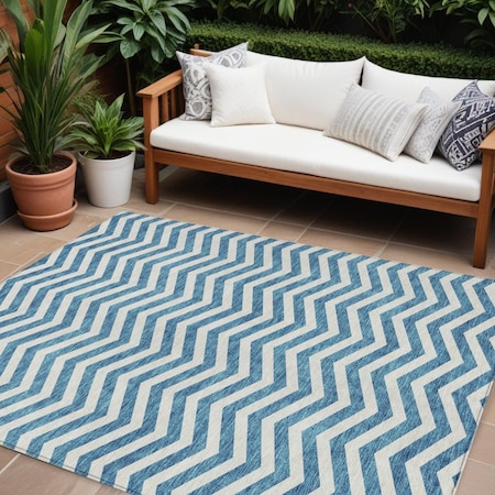Homeroots 8' X 10' Teal Blue And Ivory Chevron Washable Indoor Outdoor Area Rug 595358