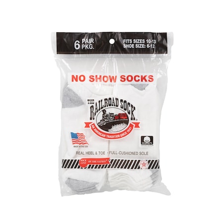 Railroad Sock Mens No Show Socks, 85% Cotton, 15% Nylon, White, 6-12 M, 6 PK 6066