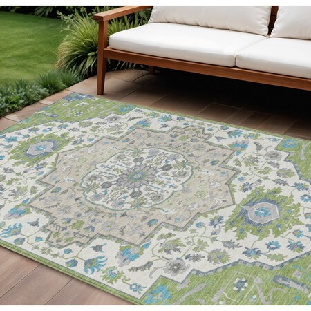 Homeroots 9' X 12' Artichoke Green Blue And Ivory Oriental Washable Indoor Outdoor Area Rug 596606