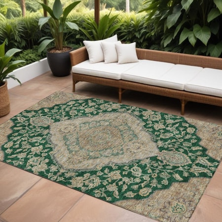 Homeroots 10' X 14' Emerald Beige And Brown Oriental Washable Indoor Outdoor Area Rug 605246