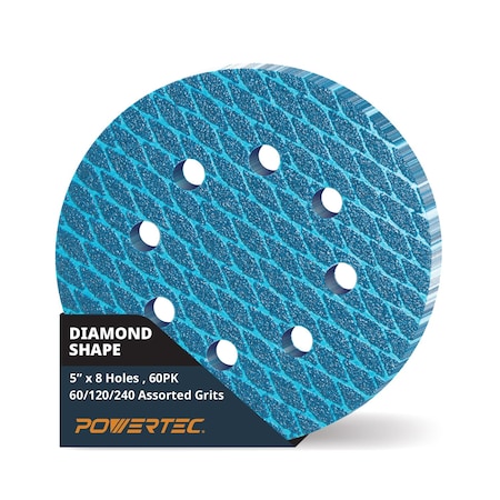 Powertec 5 in. 8-Hole Hook and Loop Diamond Shaped Sanding Discs, Assorted Grits 60/120/240, 60PK 44901-P2N