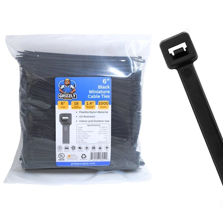 Grizzly Supply Cable Tie, 6 in L, 18 lb Strength, 1.4 in Max Bundle Dia, Nylon 6/6, UV Resistant, Black, 1000PK GS-M6-18-0M