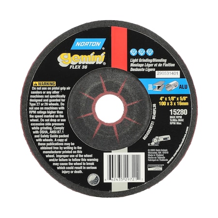 Norton Abrasives Grinding Wheel, Flexible, 4 1/8" x 5/8 66243529721