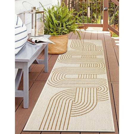 World Rug Gallery Modern Abstract Lines Weather Resistant Reversible Indoor/Outdoor Rug 2 ft x 7 ft Natural WR110NATURAL2X7