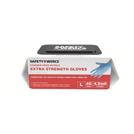 Safety Wercs Disposable Gloves, 3 mil Palm, Nitrile, Powder-Free, (AQL)1.5, 40 PK, Blue, L SWB5012L